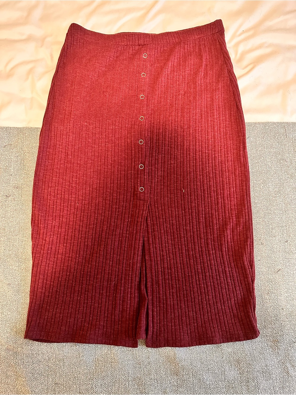 wild fable Ribbed Button-Front Midi Skirt in Deep Red